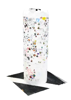 Pillar 1 turning slowly, covered in stickers and drawings