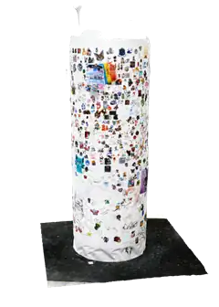 Pillar 3 turning slowly, covered in stickers and drawings